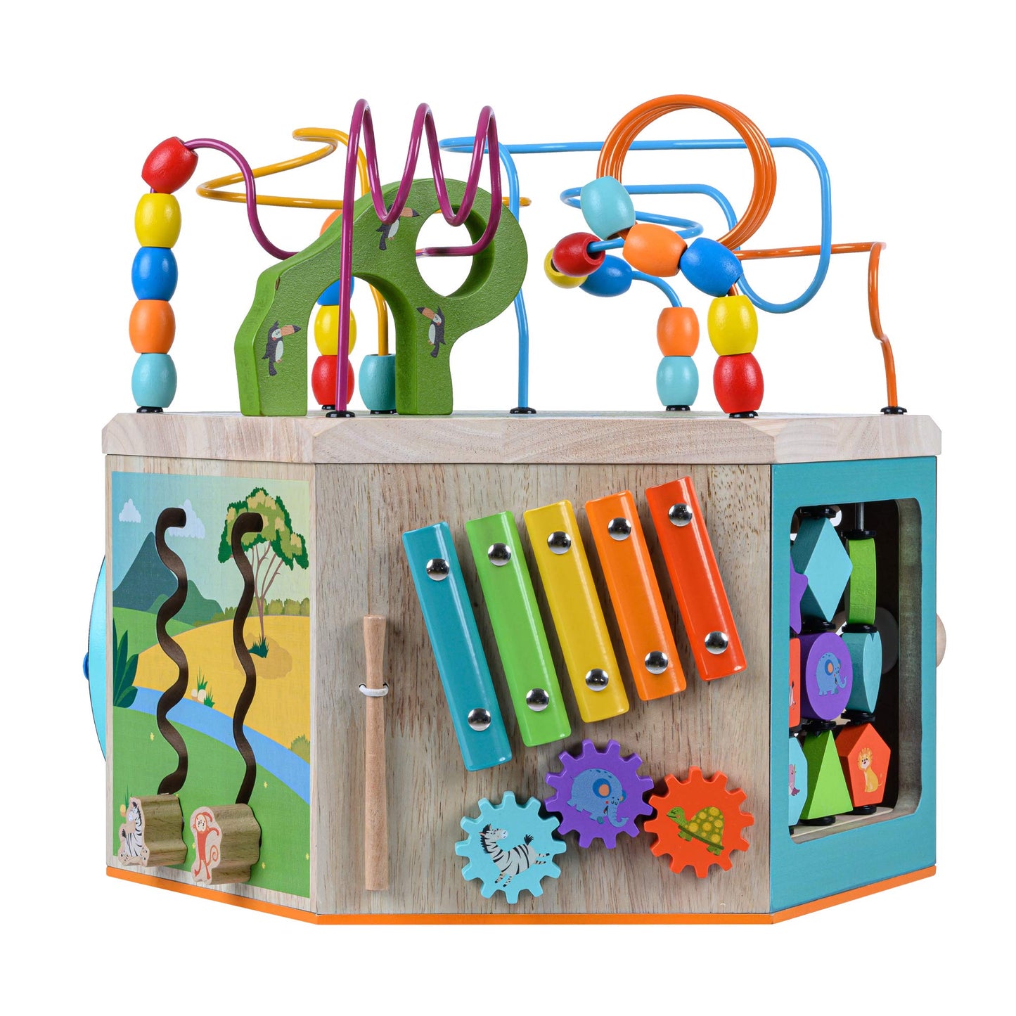 Teamson Kids Preschool Play Lab 7-in-1 Large Wooden Activity Cube Station Center Bead Maze and Counting for Kids Baby Toys, Natural