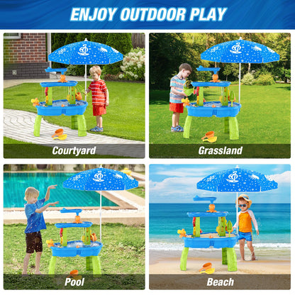 HYES Water Table for Toddlers 3-5, 3-Tier Kids Splash Sand Table Water Toys with Umbrella, Rain Showers Splash Pond for Outdoor Beach Backyard Summer, Activity Sensory Playset for Boys Girls, Blue
