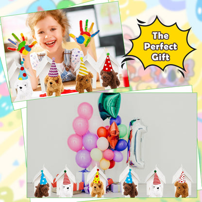 Norcoin 16 Set Mini Plush Dog Set Include Stuffed Puppy Dog House Paper Boxes Hat Stuffed Animal Toy for Adopt a Pet Theme Birthday Party Favor Gifts