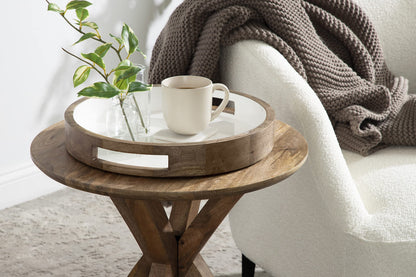 Kate and Laurel Ehrens Boho Wood Tray, 15 Inch Diameter, Natural and White, Round Accent Tray for Transitional Decor