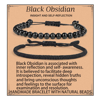 LPBeads 6mm Black Obsidian Bracelet with Handmade Rope Bracelet Size Adjustable Natural Stone Crystal Healing Bracelets Gifts for Unisex Adults