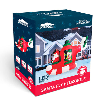 JOIEDOMI 7 FT Long Christmas Inflatable Santa Elf on Animated Helicopter, Blow Up Santa Inflatable on Flying Airplane with Rotating Propeller Yard Decor with LED for Xmas Party Garden Lawn Decor