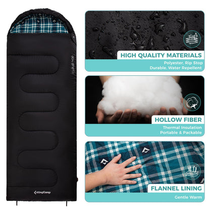 KingCamp Sleeping Bag for Adults, Cold Weather & Warm XL Big and Tall Flannel Sleeping Bags with Compression Sack Portable Waterproof Essentials Gear Accessories for Outdoor Camping (Black Right)