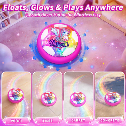 Tqeieu Unicorn Hover Soccer Ball for Girls, Light Up Air Floating Toys for Girls Age 3 4 5 6 7 8 9 10 11 12, Indoor Toy Birthday Gifts, Kids Games with LED Lights Foam Bumper, Kids Stocking Stuffers