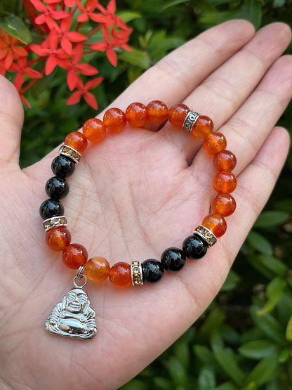 GAF TREASURES Red Agate & Black Onyx with Happy Buddha Crystal Bead Bracelet 8mm, Genuine Red Agate & Black Onyx Stretch Gemstone Bracelet, Healing Crystal Bracelet, Gift for Men & Women (1)