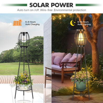 FQIIL 2 Pack Solar Lights Outdoor with Plant Stands, Solar Floor Lamp, Solar Powered Street Light Metal Tripod Deck Lights, Patio Decor for Garden Yard Pathway Driveway Porch