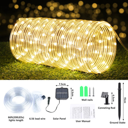 Solar Rope Lights, 2 Packs Total 132ft 400LED Solar String Lights, 8 Modes Waterproof Solar Powered Outdoor Light, Flexible Clear Tube Light for Garden Backyard Patio Deck Pool Tree Decor - Warm White