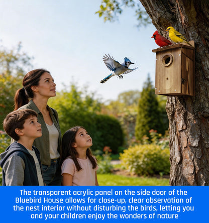 Zxweqr Natural Wood Birdhouse for Outside, Wooden Nesting Box with Circular Entrance Hole and Perch， Blue Bird Houses for Outdoors with Clear View Panel & Predator Guard for Blue Robin, Wren, Swallow