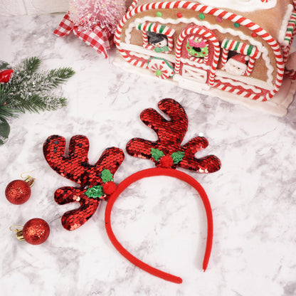 Needzo Color Changing Sequin Christmas Antler Headband, Reversible Red and Silver Sequins with Mistletoe, Festive Holiday Party Accessory, One Size Fits Most