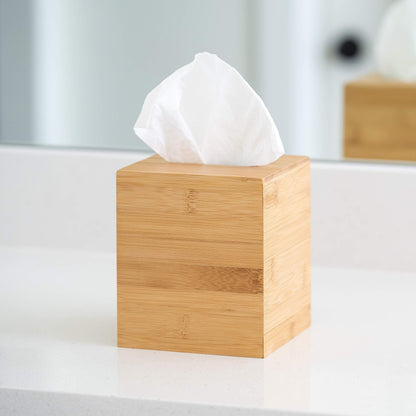 JUSK Design Tissue Box Holder - Modern, Minimalist, Durable Wooden Bamboo Box with Sliding Bottom, Easy-Refill - Premium-Quality Bamboo Cover, Square