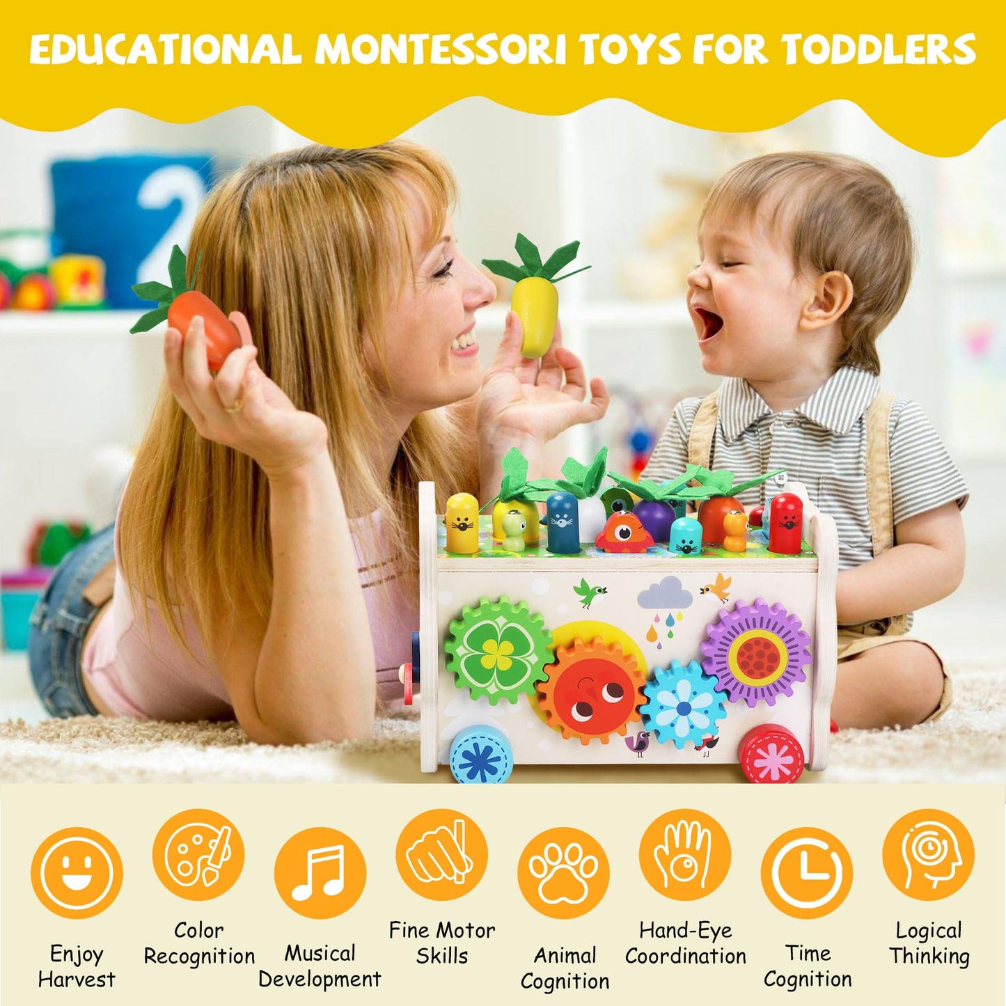 9 in 1 Montessori Toys for 1 Year Old, Wooden Hammering Pounding Toy Game with Xylophone for Toddlers 1-3, Gears and carrot harvest,1 Year Old Girl Birthday Easter Gifts, Learing Toys for babies
