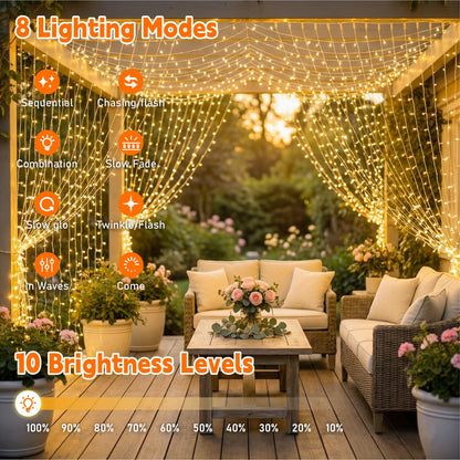 SINAMER Curtain Light for Bedroom, 200LED 6.6x6.6ft Warm White Window Wall Hanging Fairy Curtain String Light, 8 Modes Remote Fairy String Lights Indoor for Wedding Party Home Garden Decorations
