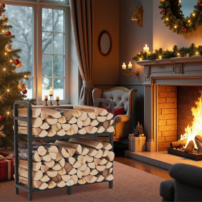 HXJLJY 2-Tier Large Firewood Rack Outdoor Indoor with Log Carrier Bag, 30" Stable Log Holder Rustproof Metal Wood Rack for Fireplace Patio Deck Firepit, Heavy Duty Firewood Storage Organizer Tool