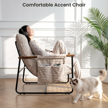 Comfy Accent Chair Modern Living Room Chair Cozy Lounge Chairs Oversized Armchair With Wood Armrests Sturdy Metal Frame Upholstered Reading Chair Soft Cushion sofa Chairs For Bedroom Balcony Porch