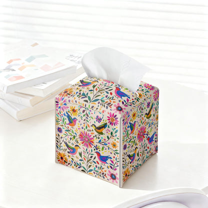 Floral Bird Tissue Box Holder, Scandinavian Leather Tissue Box Cover Square with Bottom Belt, Paper Napkins Everyday Dispenser for Bathroom Night Stands Kitchen Office Car Home Decor
