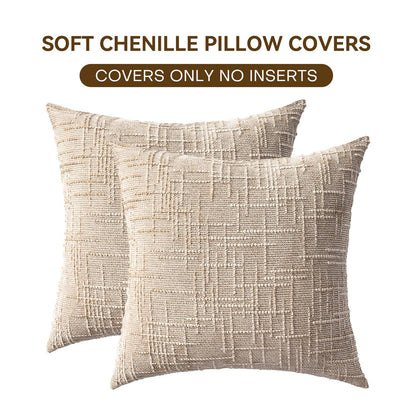 ZSkogur Decorative Throw Pillow Covers 18x18 Inch Set of 2, Soft Solid Farmhouse Chenille Couch Pillows, Spring Pillow Covers for Couch Sofa Bed Living Room Home Decor Pillowcase, Light Khaki