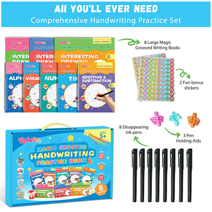Magic Grooved Writing Practice for Kids Ages 3-8, Handwriting Practice for Kids 8 Books, Preschool Tracing Books, Reusable Grooved Writing Books with Disappearing Ink, Gifts for 3 Year Old Boy