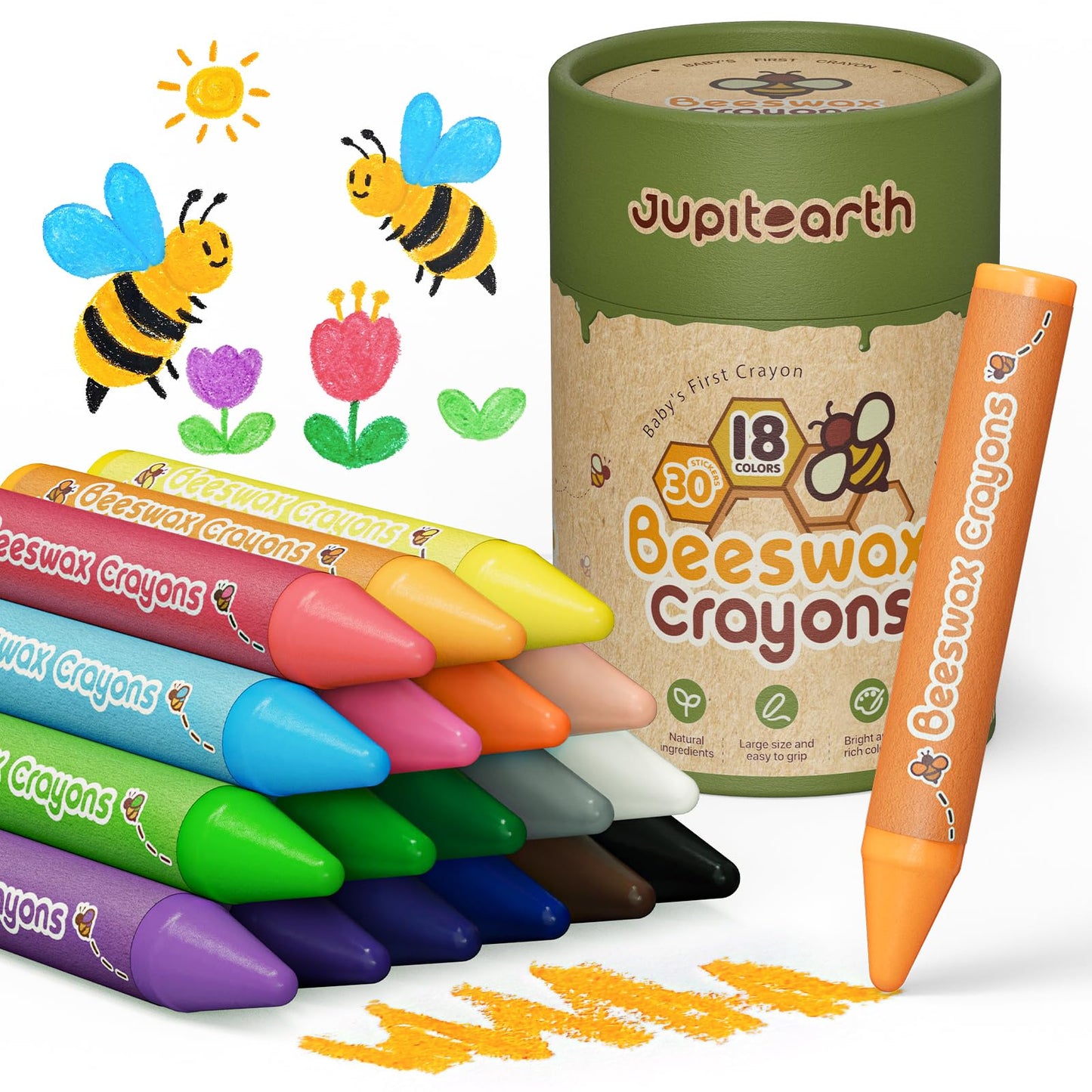 JUPITEARTH Beeswax Crayons for Toddlers 1–3, 18 Non-Toxic Silky Crayons, Jumbo and Washable Crayon, Easy to Hold, Safe for Kids, Mess-Free Coloring for Preschool Art Supplies, Ages 2–4, 4–8