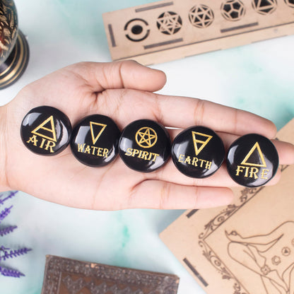 Crocon 5 Elements Black Tourmaline Stones Round Shape Engraved Triangle Symbols (Earth Air Fire Water Spirit) Polished Palm Stones Gemstone Reiki Crystals Healing Stones Meditation Divination Gifts