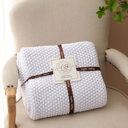 Chunky Cable Knit Throw Blanket Lightweight White 100% Organic Cotton Blanket for Sofa Couch Bed Baby Nursery, Rustic Shabby Chic Modern Farmhouse, Pure White 51” x 63” Give Laundering Bag
