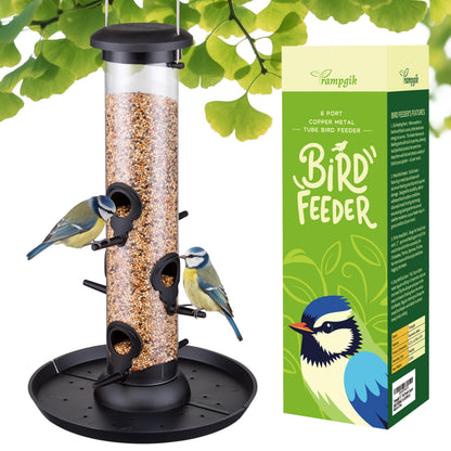 Trampgik Bird Feeders for Outdoors Seed Catcher,6 Port Wild Bird Feeders with Tray,Bird Feeders for Outside Hanging for Cardinal 13 Inch,Black,Pack of 1