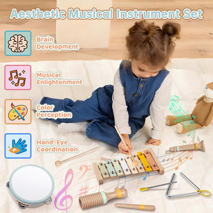 Baby Musical Instruments - Toddler Musical Toys Montessori Wooden Xylophone Maracas Tambourine Percussion Set for 1 2 3 Year Old, Kids Educational Music Learning Toys, Birthday Gifts for Boys Girls