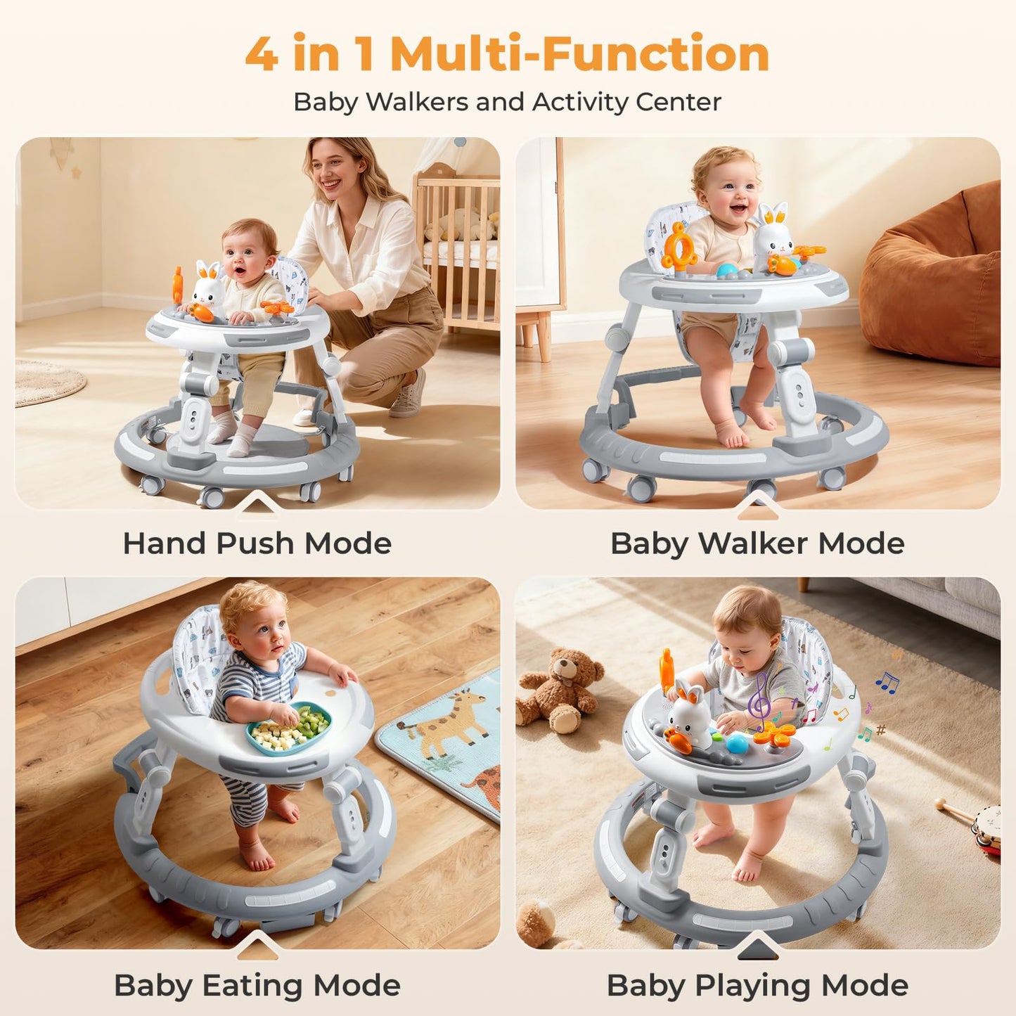 Baby Walker with Wheels - Foldable Baby Walker,4-in-1 Baby Walkers for Boys and Girls 6-12 Months, Infant Walker with Adjustable Height, Baby Activity Walker with Toys, Music, Lights, Anti-Rollover