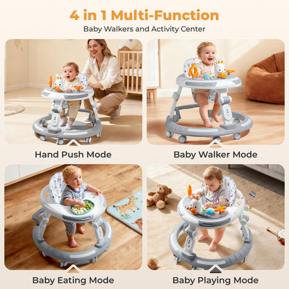 Baby Walker with Wheels - Foldable Baby Walker,4-in-1 Baby Walkers for Boys and Girls 6-12 Months, Infant Walker with Adjustable Height, Baby Activity Walker with Toys, Music, Lights, Anti-Rollover