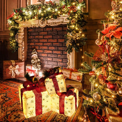 Set of 3 Christmas Lighted Gift Boxes, Pre-lit 60LED Light Up Present Boxes Ornament Outdoor, Boxes with Gold Snowflake, Battery Operated Christmas Decorations for Indoor Home, Party, Lawn Decor