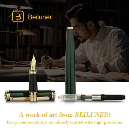 BEILUNER Racing Green Fountain Pen,Stunning Luxury Pens with 24K Gold Finish, Gorgeous 24K Gilded Nib(Fine), Trustworthy Gift for Men&Women -Ink Converter-Elegant, Graduation,Fancy Pen for Writing