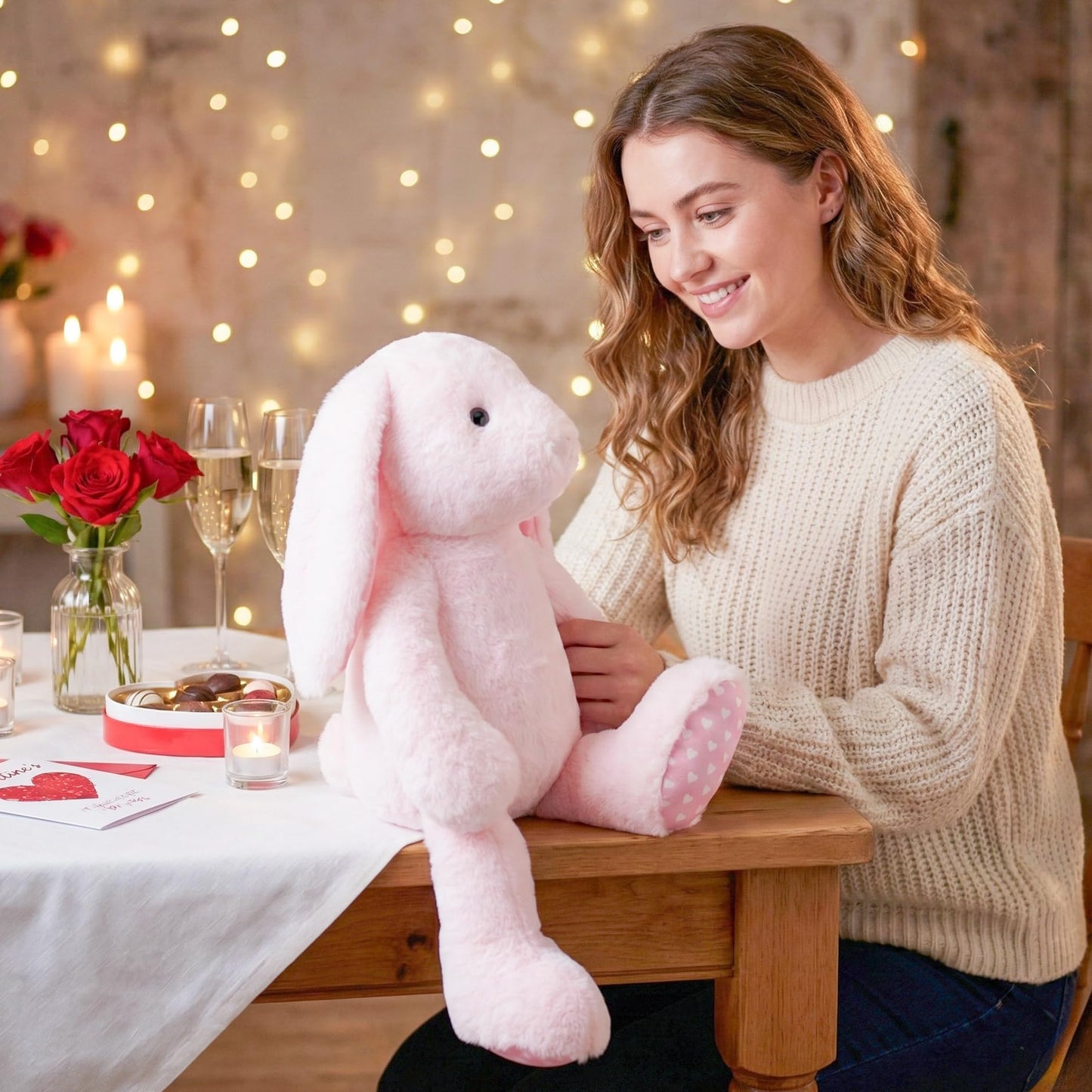 WEIGEDU Pink Rabbit Bunny Stuffed Animal Plush Toys with Floppy Ears & Heart Print for Lover, Kids, Boys, Girls, Babies - Perfect Birthday Nursery Décor Easter Christmas Bedtime Gift