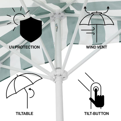 JONATHAN Y Half Umbrella UMB1201L Beverly 9 ft. Designer Classic Scalloped Fringe Market Patio with Crank, Tilt Button and UV Protection in Green/White, White Pole