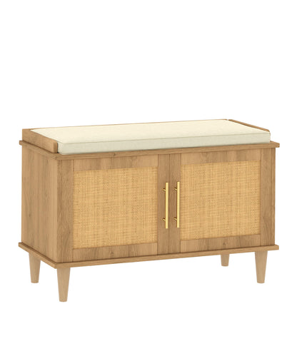 Akxomel Rattan Shoe Storage Bench with Cushion, 2-Tier Entryway Bench with Adjustable Shelves and 2 Doors, 15" D x 31.5" W x 20" H, Solid Wood Legs, for Hallway, Living Room, Bedroom, Natural Oak