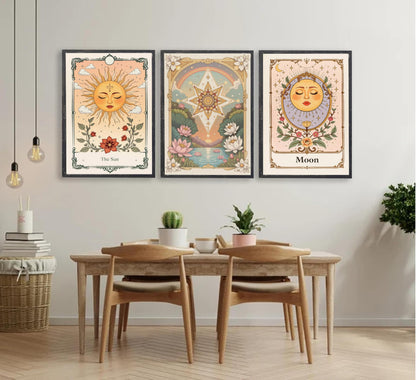 3pcs Sun And Moon Celestial Canvas wall art Tarot Astrology Paintings Pictures Wall Decor Boho Lotus Floral Posters Prints Artwork for Living Room Bedroom Dorm Apartment Home Decoration Unframed