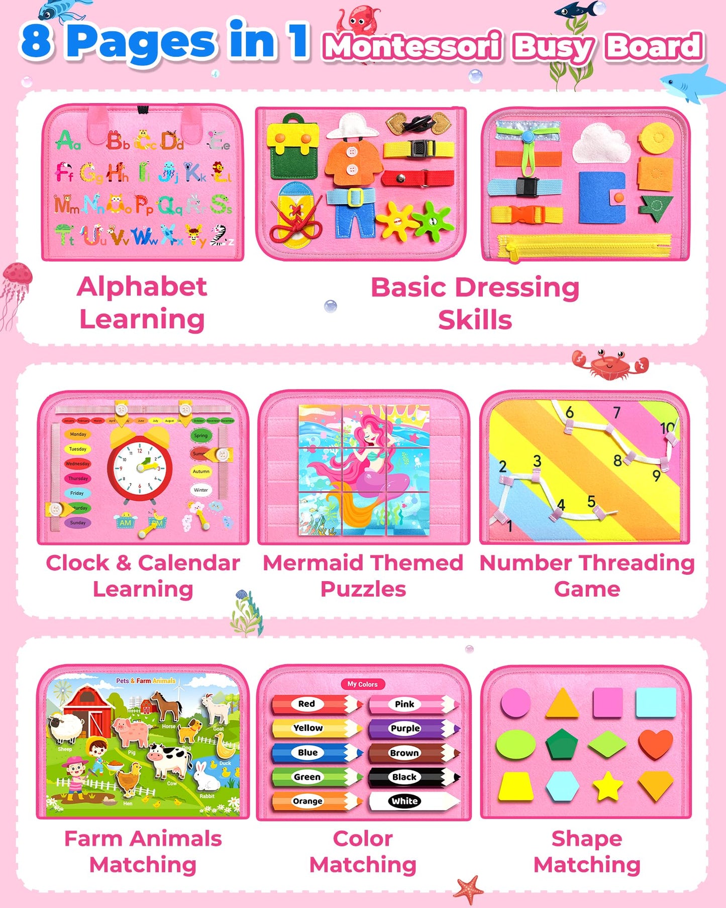 Gojmzo Busy Board Montessori Toys for Toddler Girl Birthday Gifts, Busy Book Sensory Toys for Toddlers, Learning Educational Toddler Travel Activities