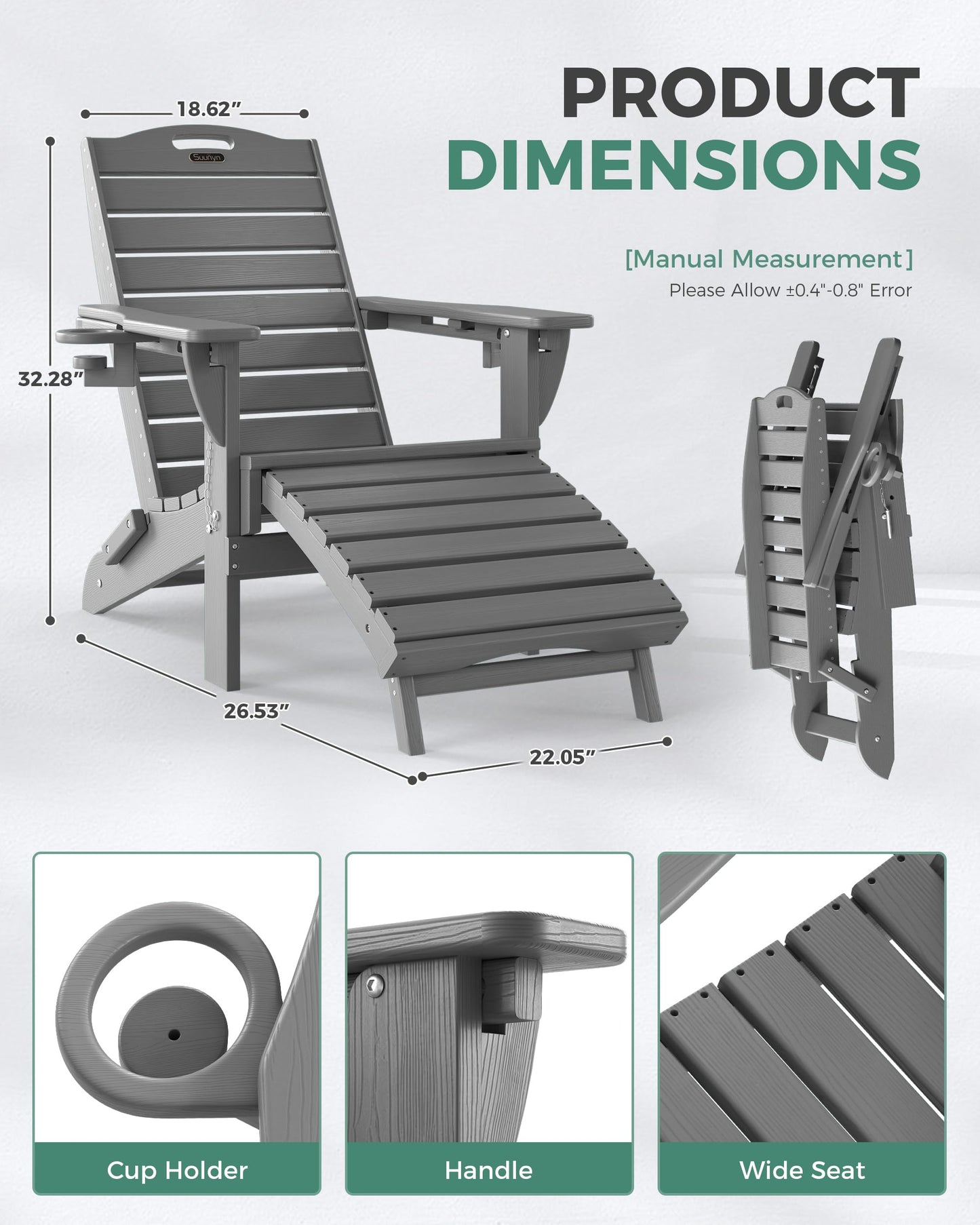 SUUNYN Folding Adirondack Chair with Retractable Ottoman, Weather Resistant Fire Pit Chair Patio Chair with 2 Cup Holder Lawn Outdoor Lounge Chair (Grey)