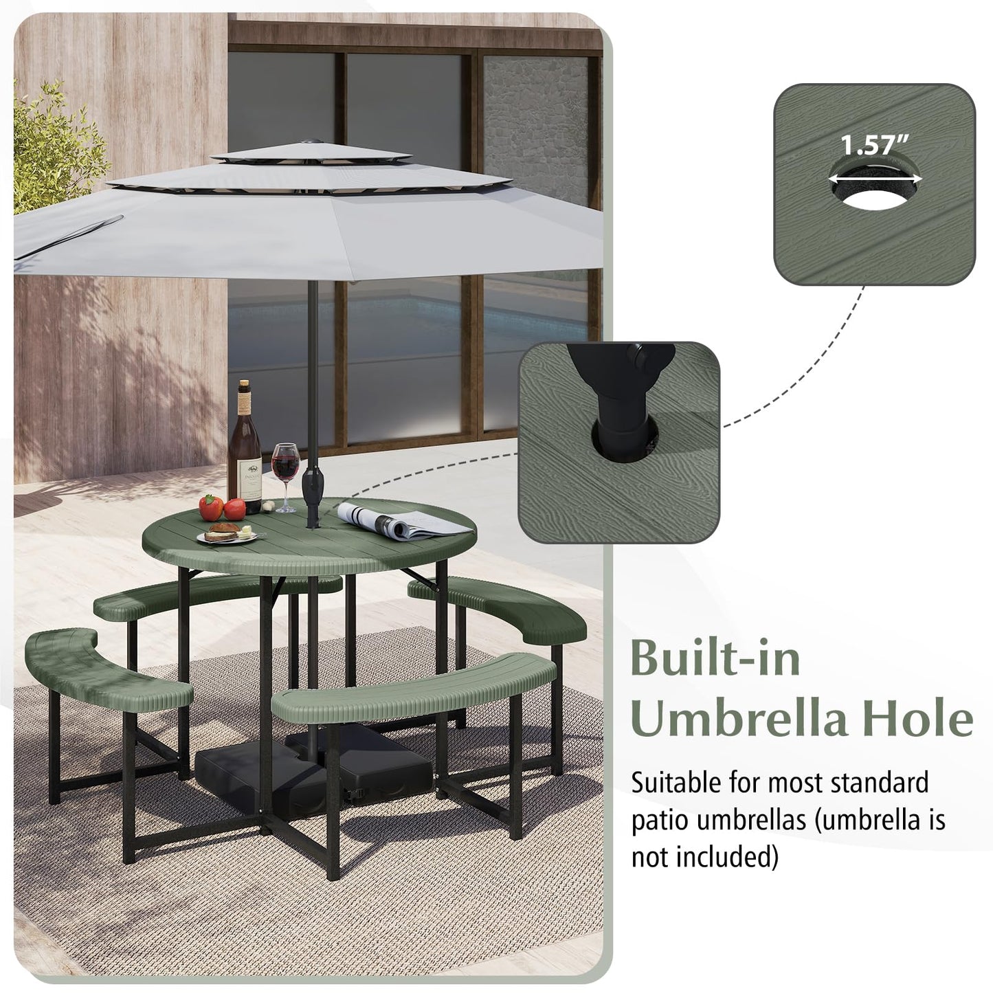 Giantex Picnic Table Bench Set for 4-8 Person, Round 37” Outdoor Dining Table w/Umbrella Hole, HDPE Tabletop, Metal Frame, Patio Furniture Set for Backyard Porch Lawn, 1400lb Capacity (Green,Round)