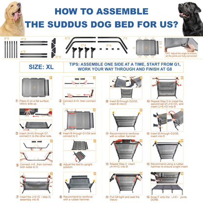 Suddus Elevated Dog Bed for Large Dogs 140lb, Breathable Cooling Raised Dog Cot with Dual Support Bars & Metal Frame, No-Slip Feet, Waterproof Pet Bed for Indoor/Outdoor, X-Large, 48 * 36 * 9in, Grey