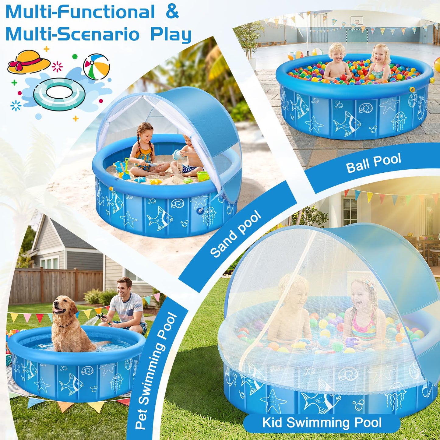 Upgraded Baby Pool with Canopy Sprinkler, 47in Foldable Kiddie Pool with Pop Up Mosquito Net, Baby Beach Tent with Sun Shade Canopy, Portable Toddler Kids Small Pool for Backyard Beach Outdoor