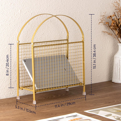 PUERSI Freestanding Magazine Holder – Modern Touch Handbag Design, Magazine Organizer Metal Rack for Books, Vinyl Record, Newspaper (Gold)