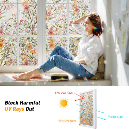 Kromapolis Window Privacy Film Floral Rainbow Decorative Stickers, 3D Static Stained Glass Cling, Removable Cover for Home Heat Control Anti-UV, Car Sunroof Vinyl Decals Non-Adhesive, 17.5'' x 78.7''