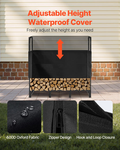 VEVOR Firewood Rack with Waterproof Cover, 4 ft Outdoor Firewood Holder, 1/4 Cord Storage Metal Log Holder, 400lb Max Weight Capacity, Top Covered, Powder-Coated Wood Storage Rack for Fireplace Deck