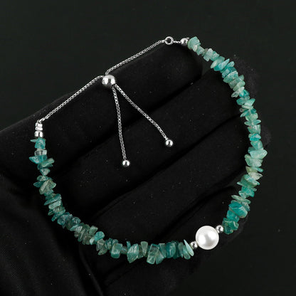 CRYSTALIS Natural Grandidierite Beads Slider Bolo Bracelet with Elegant Pearl, Uncut Chips Nuggets Crystals, Chakra Healing Gemstone, Women Jewelry, 925 Sterling Silver Slider 10 inch