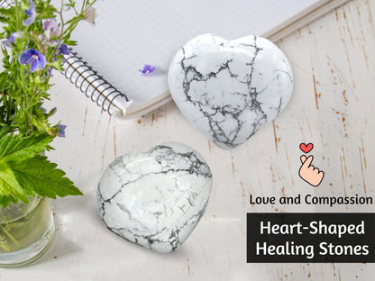 Howlite Crystal Heart Palm Stone - Pocket Massage Worry Stone for Natural Body Chakra Balancing, Reiki Healing and Crystal Grid