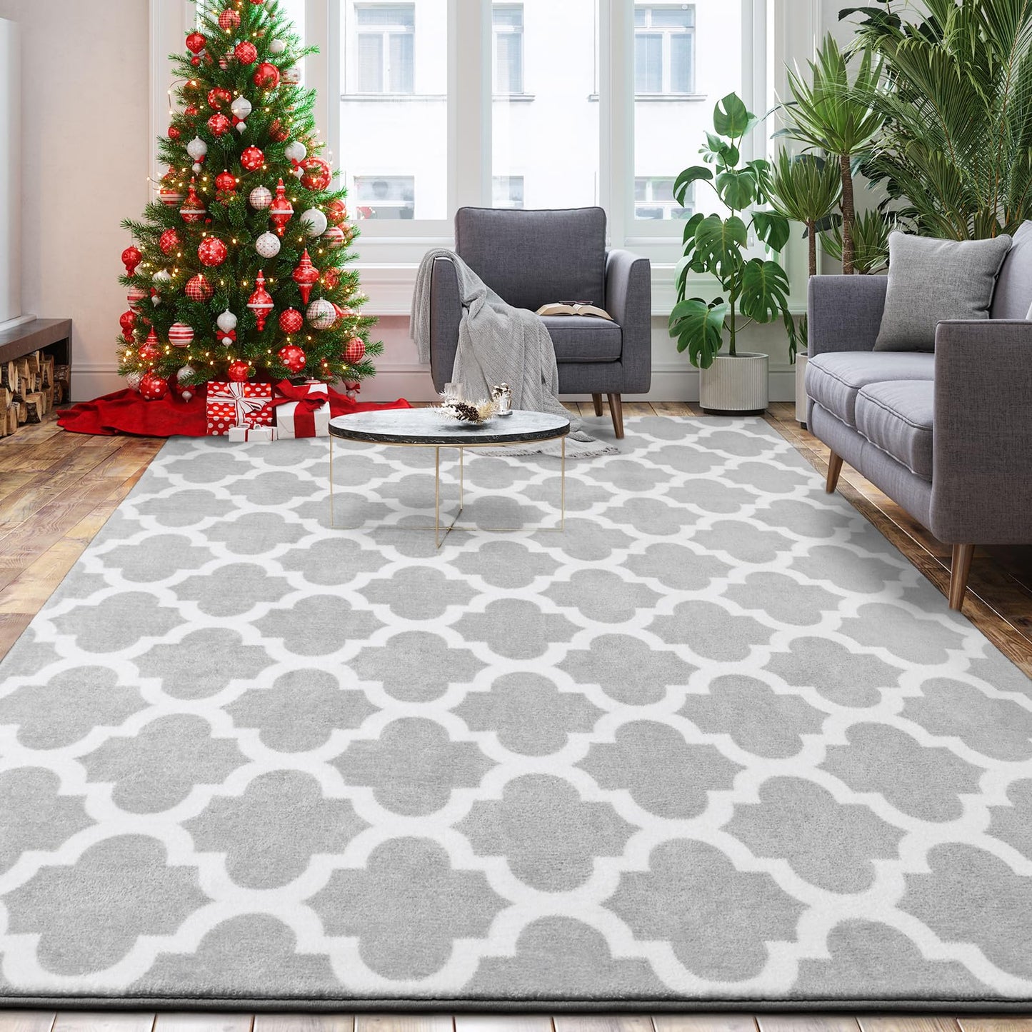 Jelymark Shag Moroccan Area Rug for Living Room, 8x10 Feet Modern Geometric Rug, Fluffy Distressed Faux Wool Floor Carpet, Memory Foam Rug for Bedroom Nursery Kids Room Home Decor, Light Grey/White