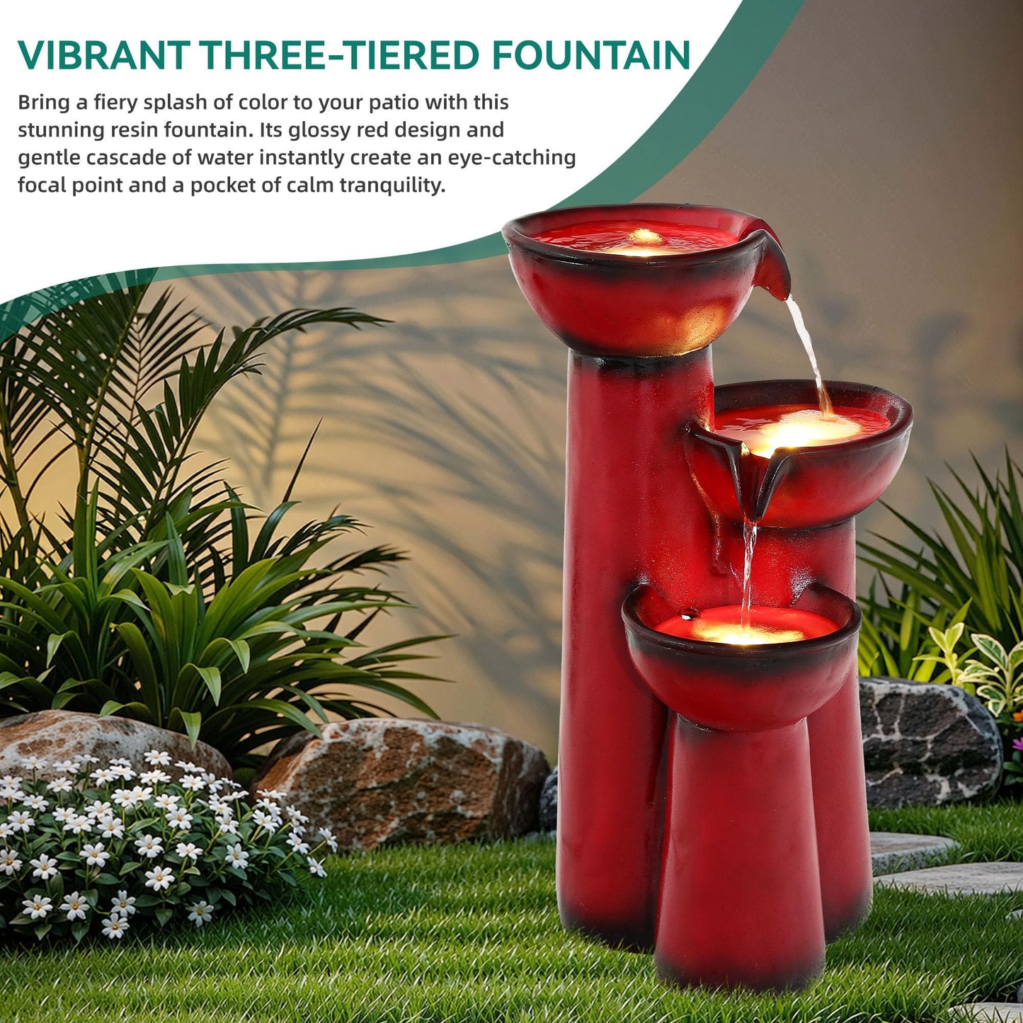 Ultym 27" Outdoor Water Fountain with LED Lights, 3-Tier Cascading Faux Ceramic Column Water Feature with Pump for Garden Patio Backyard, Weather-Resistant Resin Waterfall for Serene Oasis, Red