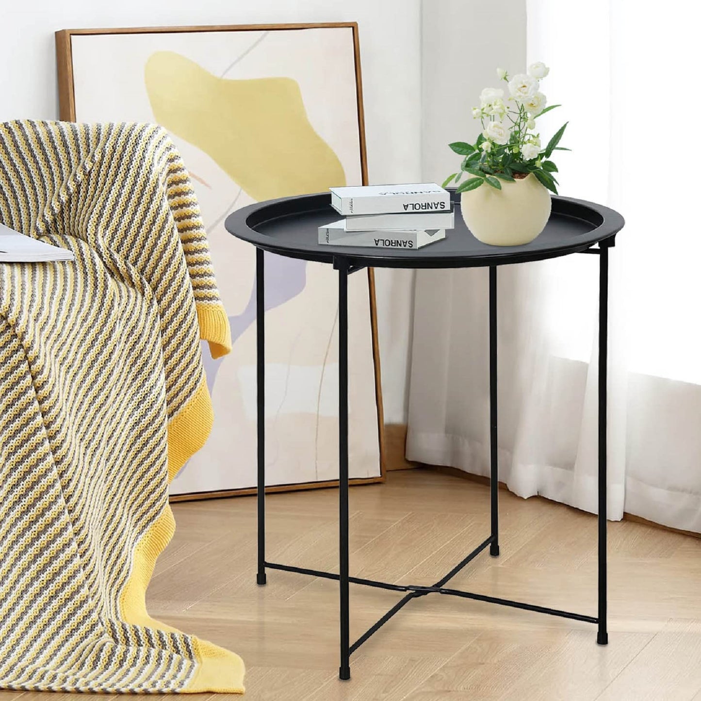 Garden 4 you End Table Metal Side Table Black Round Folding Tray Cyan Sofa Small Accent Fold-able Table, Round End Table Tray, Next to Sofa Table, Snack Table for Living Room and Bed Room