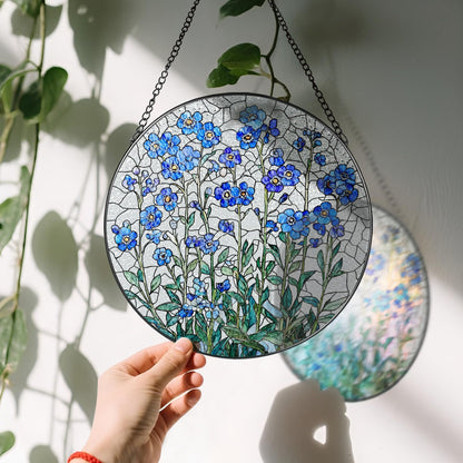 8 Inch Stained Glass Window Hanging, Forget Me Not Flower Stained Glass Suncatcher, Window Decor, Plant Lover Gift for Women, Forget Me Not Gifts for Couples, Best Friend, Family, Colleague, Classmate