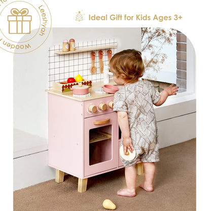 Pink Wooden Play Kitchen with Realistic Features & Accessories, Pretend Cooking Toy for Kids 3+, Ideal Gift for Toddler Boy and Girls