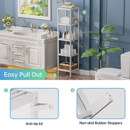 SMIBUY Bathroom Storage Shelf, 5-Tier Bamboo Rack Organizer, Multifunctional Shelving Unit for Living Room Bedroom Kitchen (White)